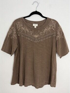 LOGO Layers Embroidered Floral Lace Trim Cotton Boho Top Brown XS